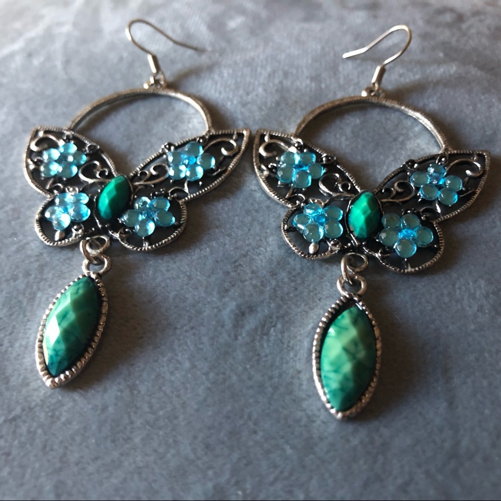2/$20 Teal Turquoise Butterfly Earrings Silver Tone Long - Picture 3 of 6